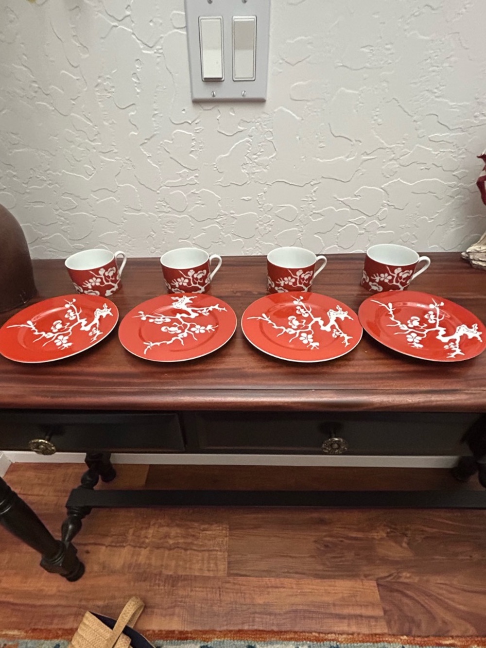 Vintage Fitz & Floyd 4-Lot Set Prunier De Chine Red Negative Snack Plate & Cups
